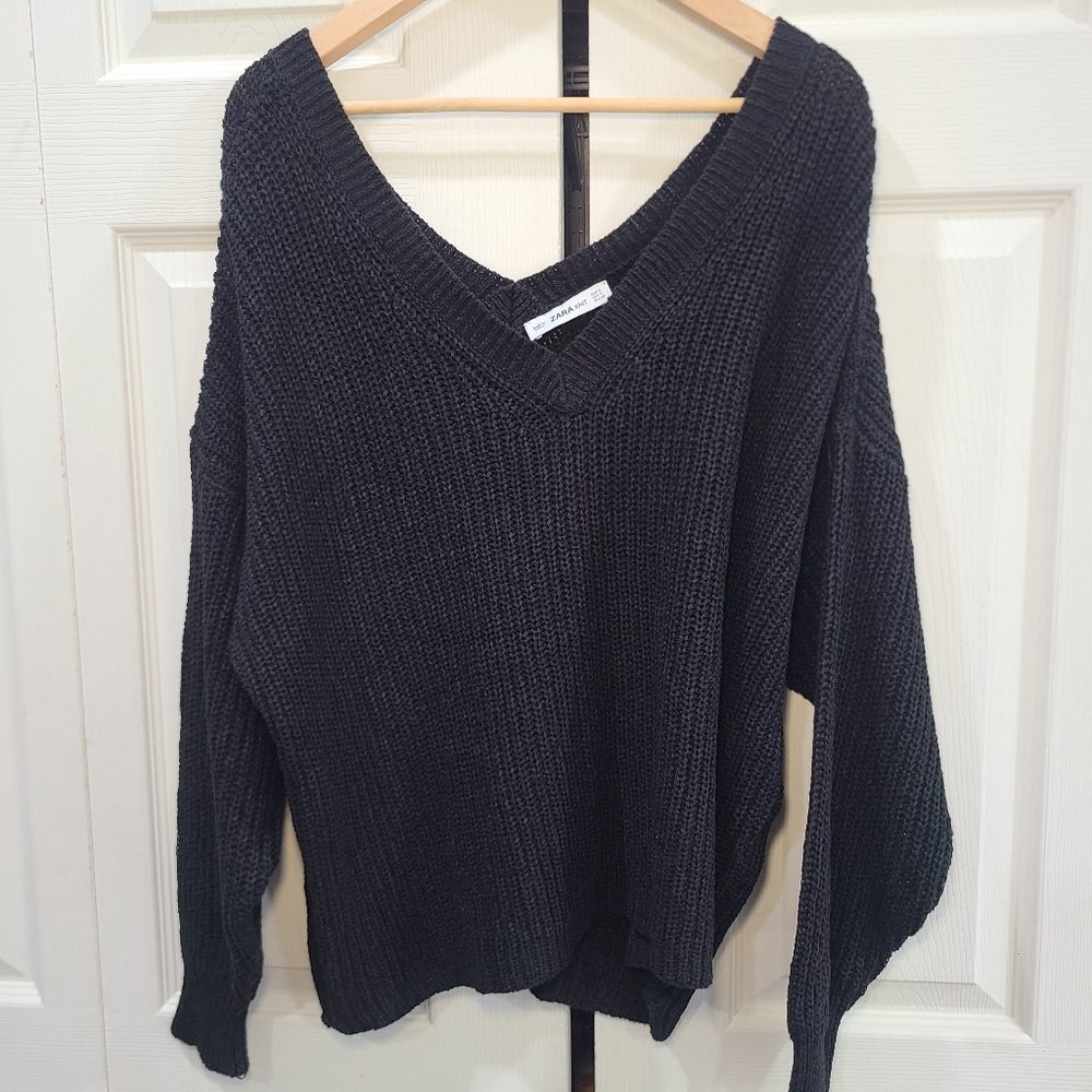 ZARA Knit Size Small V Neck Off The Shoulder Boxy Oversized Ribbed Sweater Black